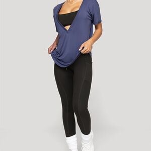 Deep V-Neck Blue Top and Black Leggings